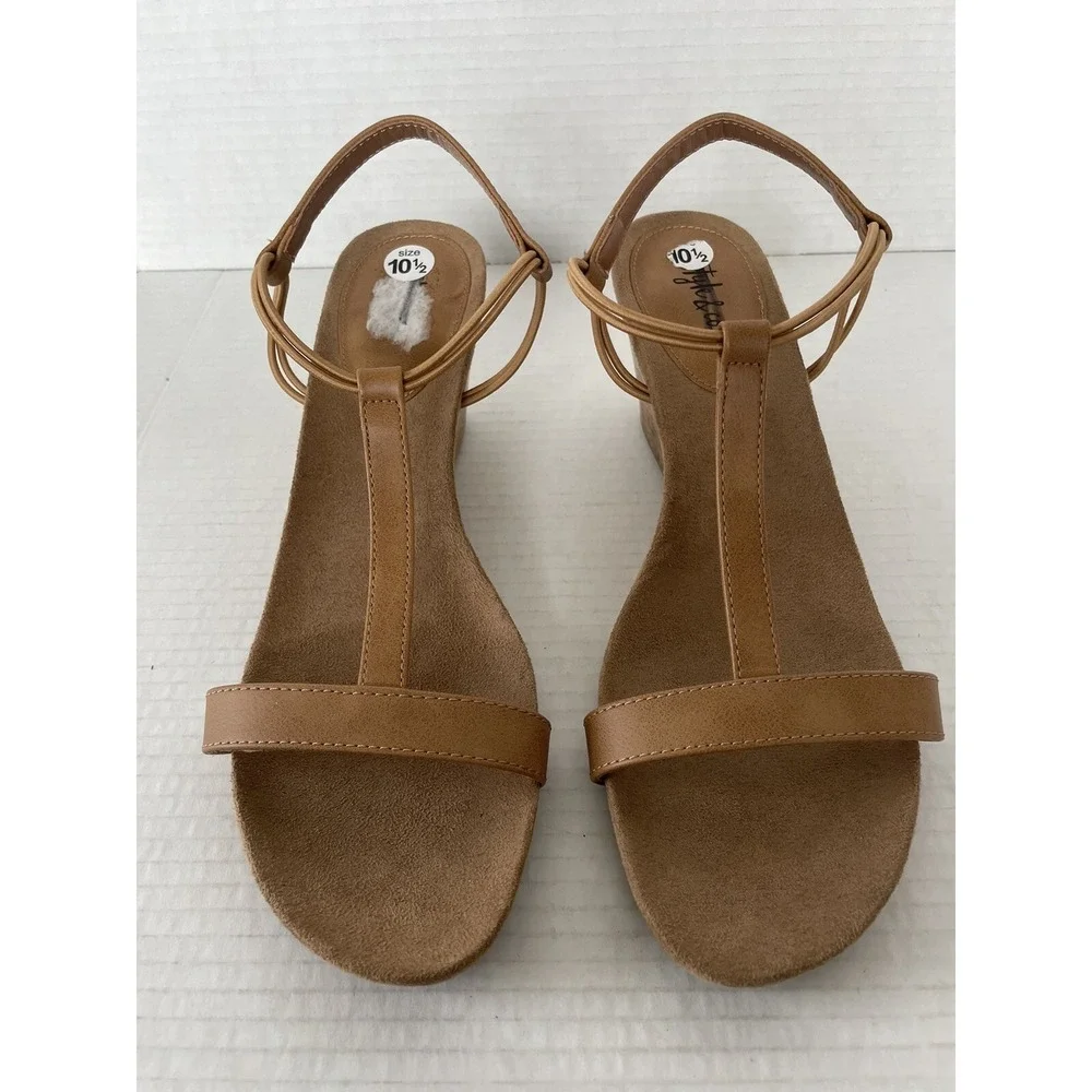 Style&Co Heels Womens 10.5M Mulan Open Toe Wedges TStraps Brown Slip On